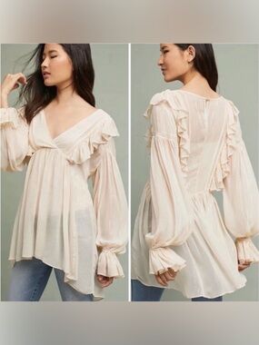 Anthropologie Maeve Wynne Boho Peasant Cream Metallic Stripes Tunic Top Size 2